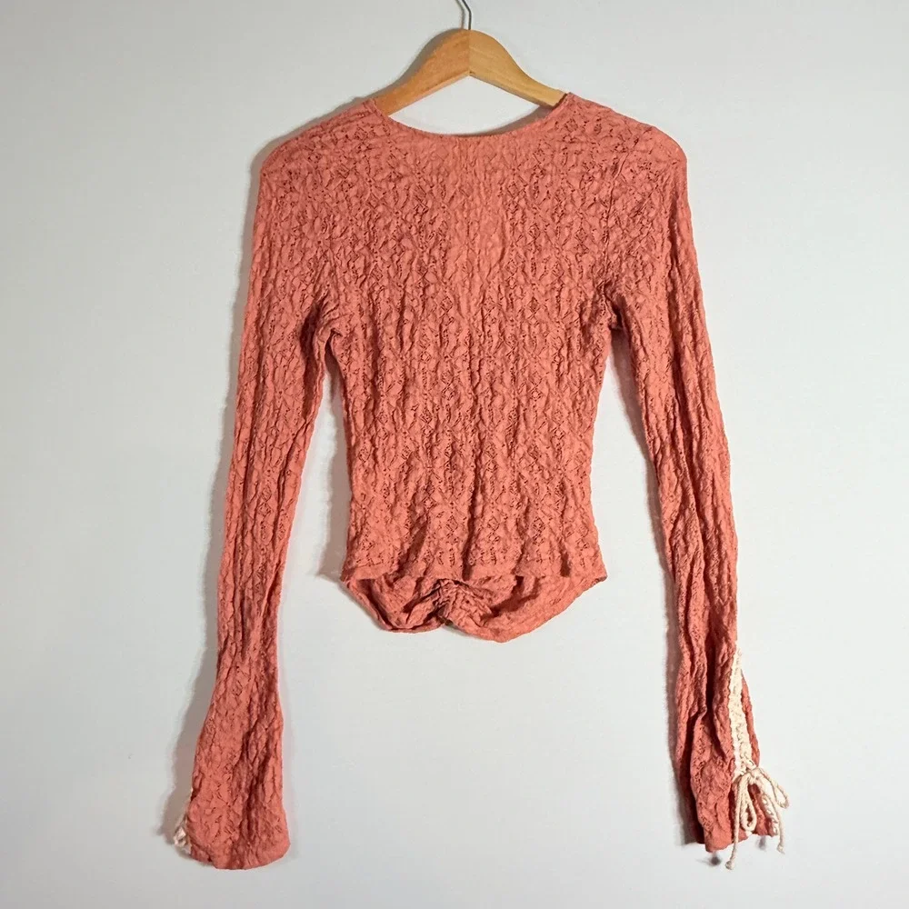 Free People Top XS Fairycore Lace‎ Ruched Tie Front Bell Cuff Coral Pink Blouse